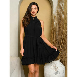 Black Sleeveless High Neck Ruffle Dress